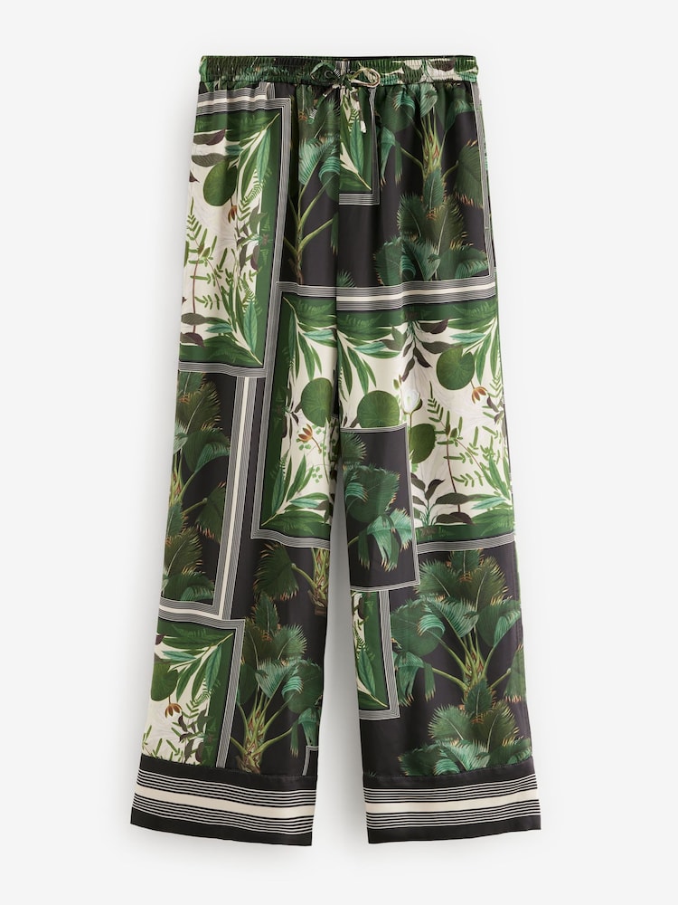 Kew Collection Black/Green Palm Print Satin Wide Leg Trousers - Image 4 of 4