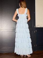 Pastel Blue Broderie Detail Tiered Maxi Occasion Dress - Image 4 of 5