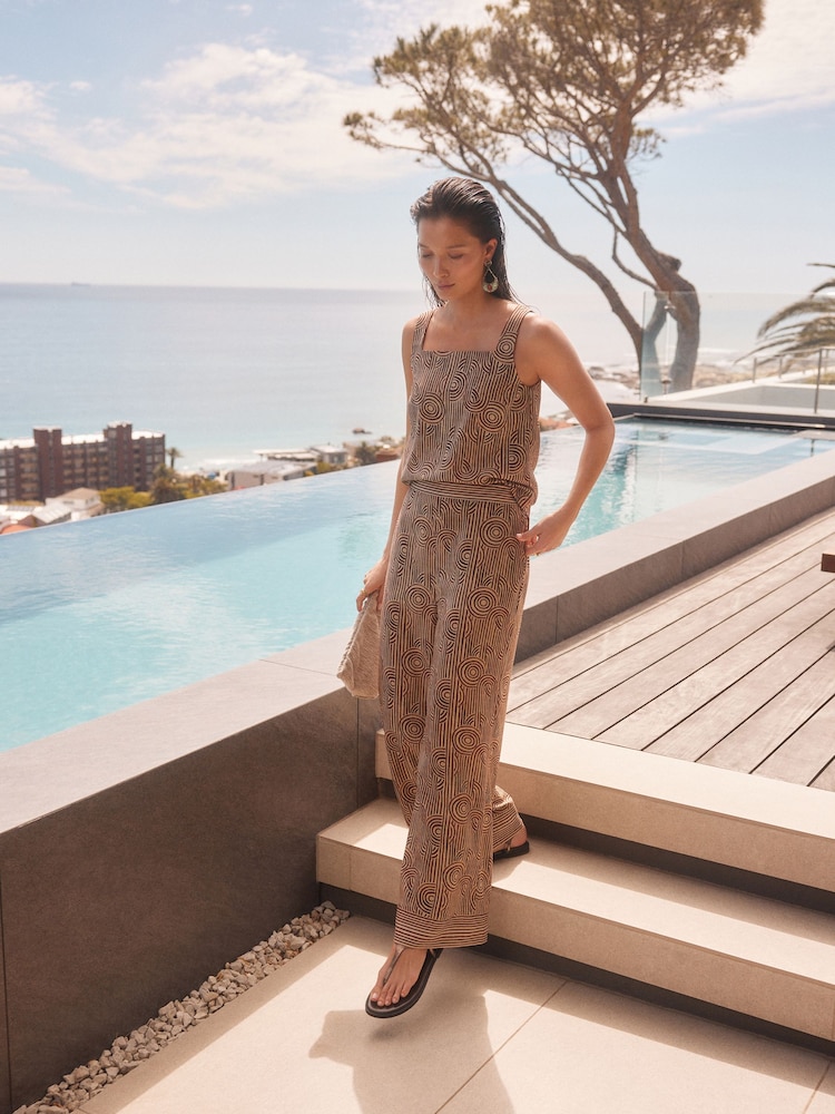 Brown/Cream - Elasticated Back Wide Leg Lyocell Printed Trousers - Image 2 of 8 Brown/Cream - Elasticated Back Wide Leg Lyocell Printed Trousers - Image 2 of 8