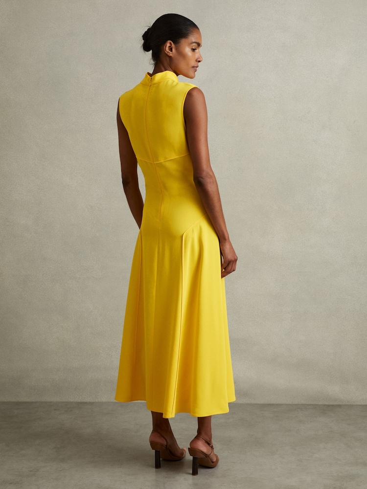Reiss Yellow Georgia Cowl Neck Seam Detail Midi Dress - Image 4 of 5