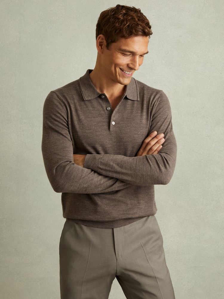 Reiss Brown Trafford Merino Wool Polo Shirt - Image 1 of 5