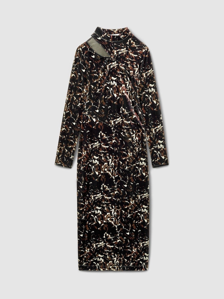 Reiss Black Sonya Cut Out Abstract Print Velvet Dress - Image 2 of 6