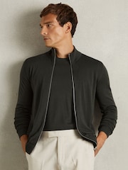 Reiss Dark Military Green Hampshire Merino Wool Zip-Through Funnel-Neck Cardigan - Image 1 of 6
