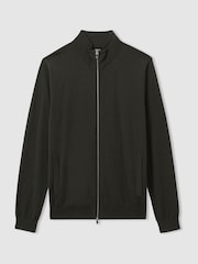 Reiss Dark Military Green Hampshire Merino Wool Zip-Through Funnel-Neck Cardigan - Image 2 of 6