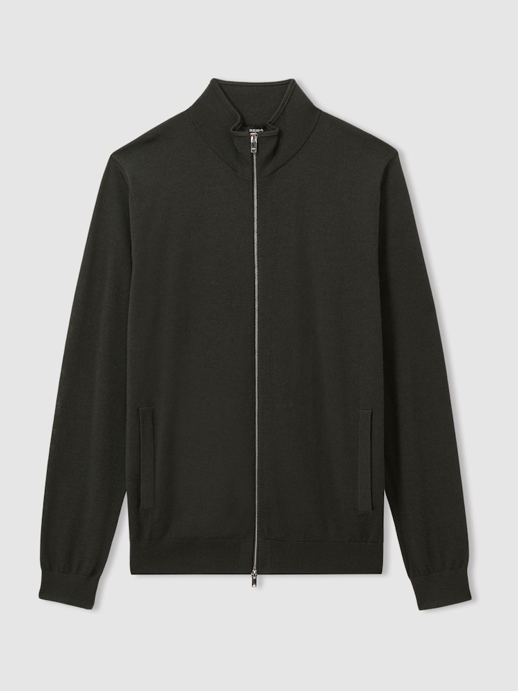 Reiss Dark Military Green Hampshire Merino Wool Zip-Through Funnel-Neck Cardigan - Image 2 of 6