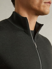 Reiss Dark Military Green Hampshire Merino Wool Zip-Through Funnel-Neck Cardigan - Image 4 of 6
