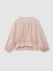 Reiss Pink Ellen 13-14 yrs Metallic Print Puff Sleeve Ruffle Top - Image 1 of 4