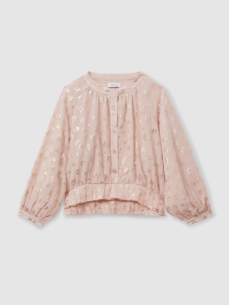 Reiss Pink Ellen 13-14 yrs Metallic Print Puff Sleeve Ruffle Top - Image 1 of 4
