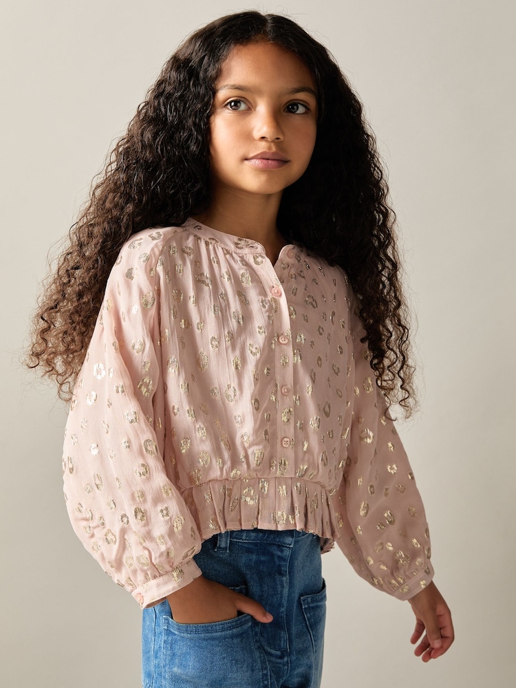 Reiss Pink Ellen 13-14 yrs Metallic Print Puff Sleeve Ruffle Top - Image 2 of 4