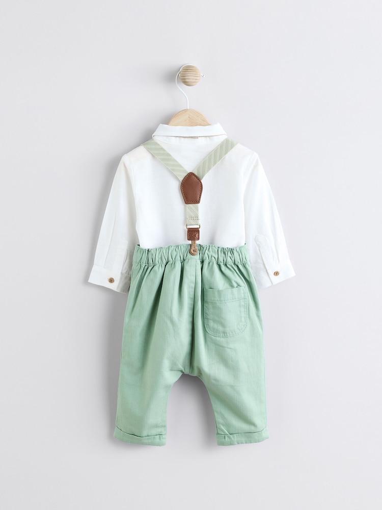 Sage Green Baby 100% Cotton Shirt Trousers and Braces Set 4 Piece (0mths-2yrs) - Image 5 of 12