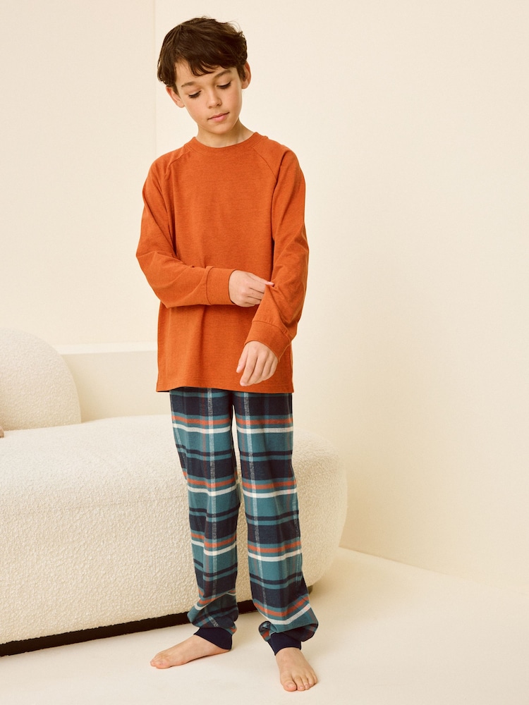 Orange Check Single Long Sleeves Woven 100% Cotton Pyjamas (4-16yrs) - Image 1 of 3