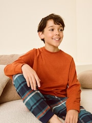 Orange Check Single Long Sleeves Woven 100% Cotton Pyjamas (4-16yrs) - Image 2 of 3