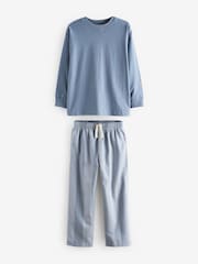 Blue/Sage Green Stripe 2 Pack Long Sleeve Woven Check Pyjamas (3-16yrs) - Image 4 of 8
