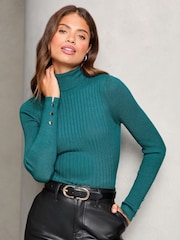 Lipsy Green Roll Neck Button Detail Knitted Jumper - Image 1 of 4