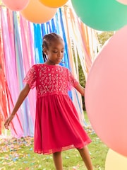 Bright Pink Sequin Embellished Mesh Dress (3-16yrs) - Image 1 of 8