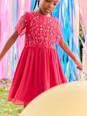 Bright Pink Sequin Embellished Mesh Dress (3-16yrs) - Image 2 of 8