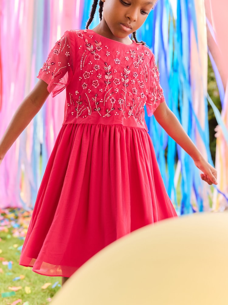 Bright Pink Sequin Embellished Mesh Dress (3-16yrs) - Image 2 of 8