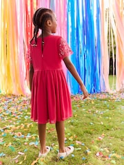 Bright Pink Sequin Embellished Mesh Dress (3-16yrs) - Image 3 of 8