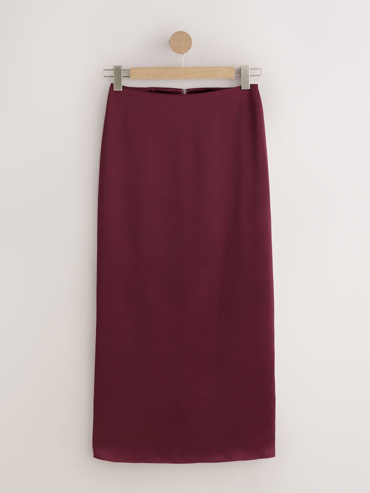 Burdundy Red - Textured Satin Midi Skirt - 圖片 1/3