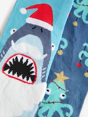 Blue/White Christmas Pattern Socks 2 Pack - Image 1 of 5
