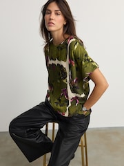 Green Floral Print Textured Boxy T-Shirt - Image 1 of 8