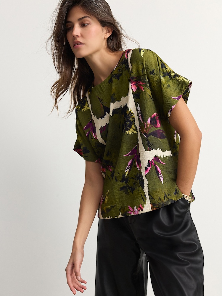 Green Floral Print Textured Boxy T-Shirt - Image 2 of 8