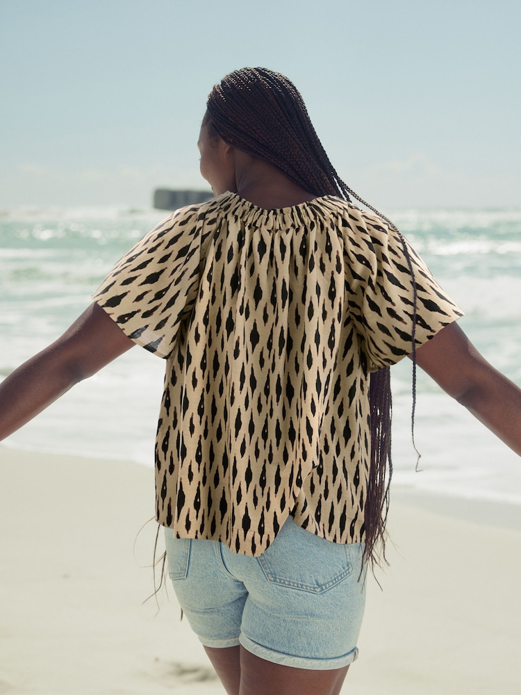 Neutral Dash Print Short Sleeve Tie Neck Bardot Top - Image 3 of 7