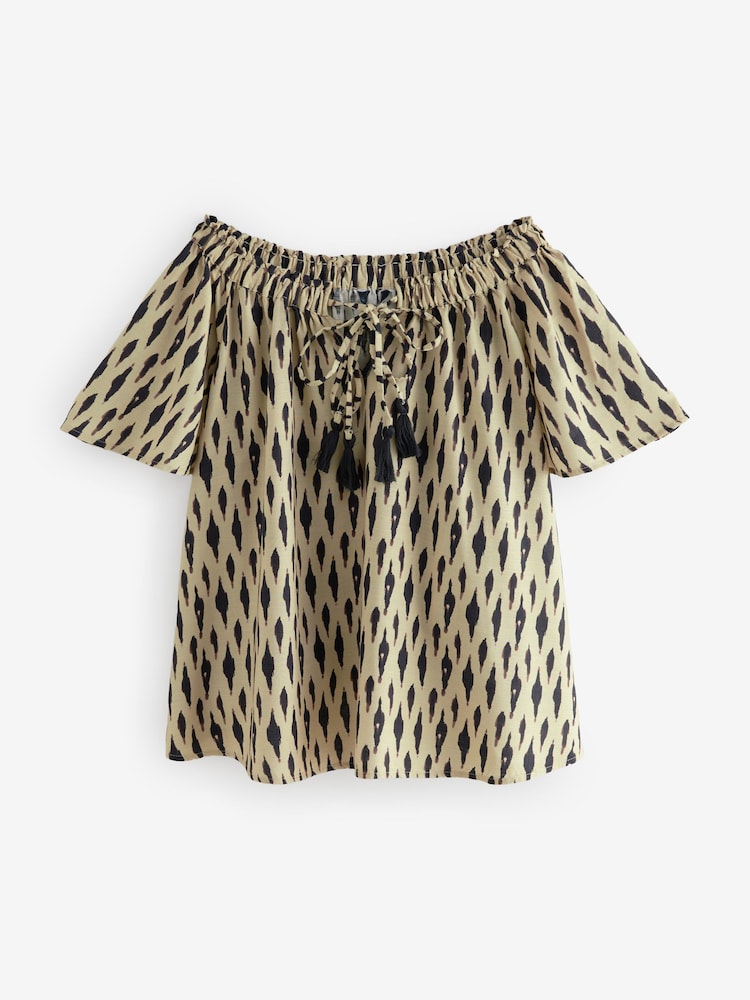 Neutral Dash Print Short Sleeve Tie Neck Bardot Top - Image 5 of 7