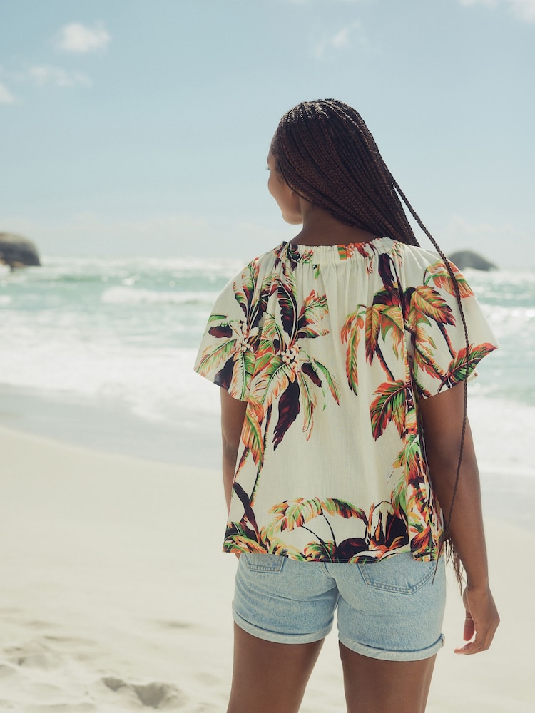 Ecru Palm Print Short Sleeve Tie Neck Bardot Top - Image 3 of 8