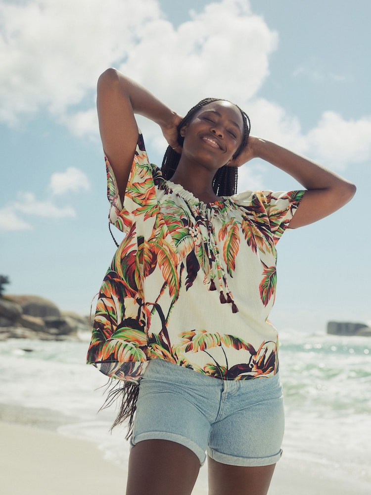 Ecru Palm Print Short Sleeve Tie Neck Bardot Top - Image 4 of 8