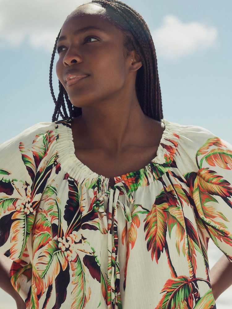 Ecru Palm Print Short Sleeve Tie Neck Bardot Top - Image 5 of 8