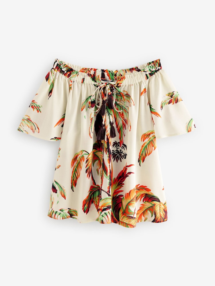 Ecru Palm Print Short Sleeve Tie Neck Bardot Top - Image 6 of 8