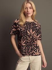 Black Palm Print Textured Boxy T-Shirt - Image 1 of 7