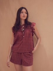 Rust Brown Embroidered Detail Ruffle Sleeve Blouse - Image 1 of 8