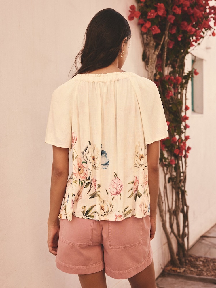 Cream Floral Placement Print Short Sleeve Tie Neck Bardot Top - Image 4 of 8