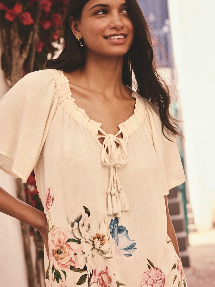 Cream Floral Placement Print Short Sleeve Tie Neck Bardot Top - Image 5 of 8