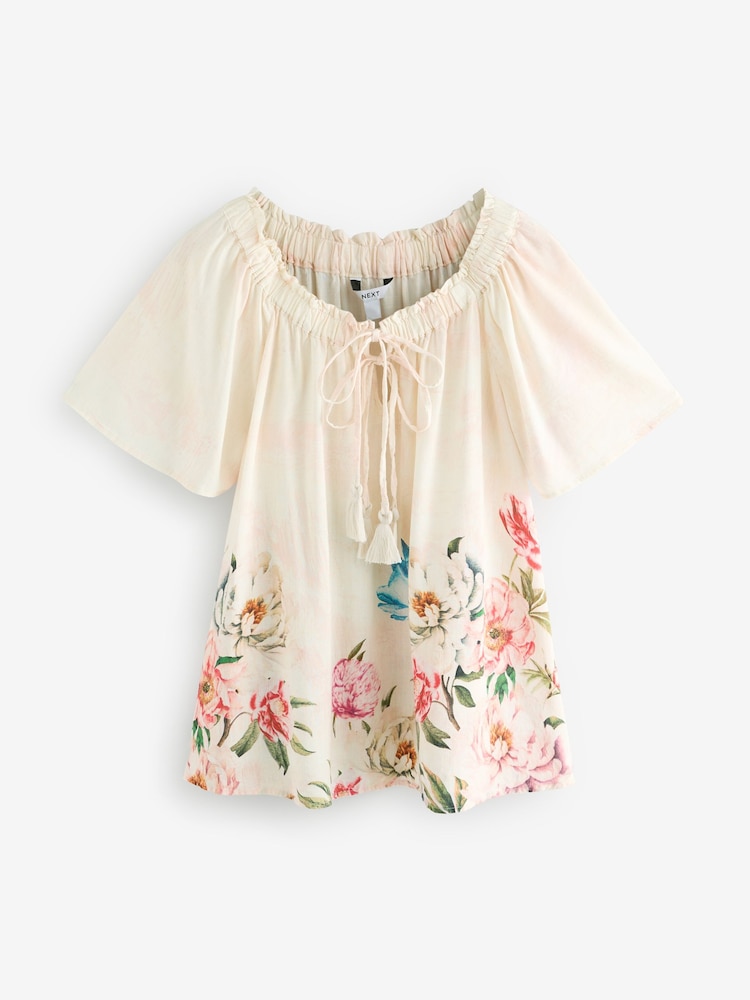 Cream Floral Placement Print Short Sleeve Tie Neck Bardot Top - Image 6 of 8