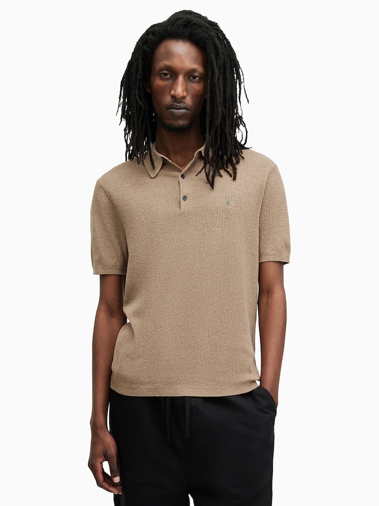 AllSaints Brown Aubrey Polo Shirt - Image 1 of 5 AllSaints Brown Aubrey Polo Shirt - Image 1 of 5