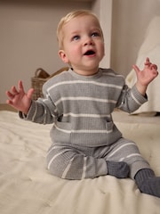 Grey/White Stripe Baby 100% Cotton Top And Leggings Set - Image 1 of 5