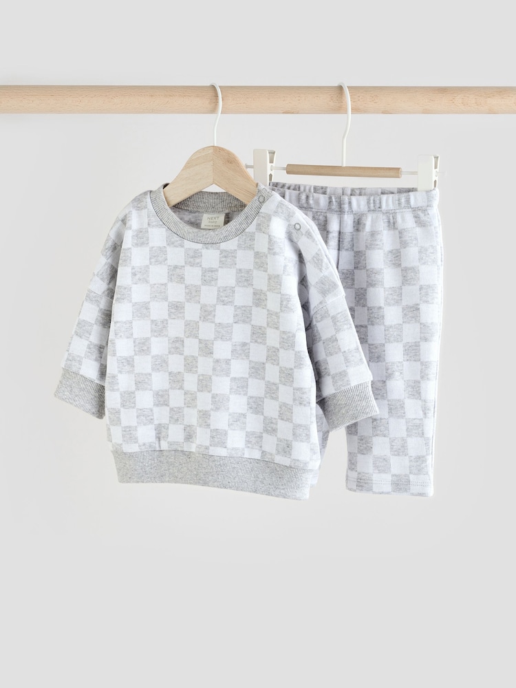 Grey Checkerboard Baby 100% Cotton Top And Leggings Set - Image 1 of 14
