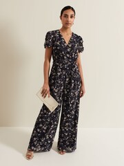 Phase Eight Black Petite Phase Eight Helene Floral Print Black Jumpsuit - Image 1 of 1