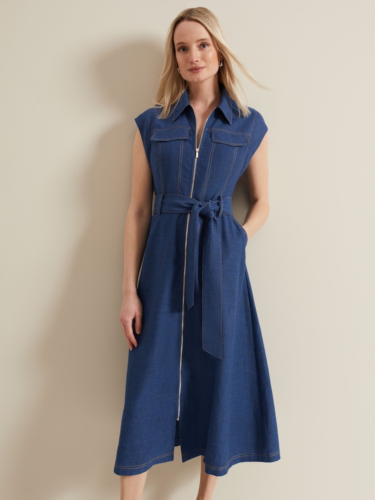 Phase Eight Blue Luiza Linen Blend Denim Midi Dress - Image 1 of 7 Phase Eight Blue Luiza Linen Blend Denim Midi Dress - Image 1 of 7