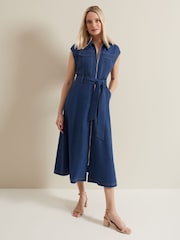 Phase Eight Blue Luiza Linen Blend Denim Midi Dress - Image 3 of 7