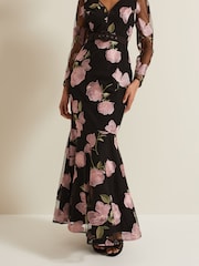 Phase Eight Black Genny Floral Print Embroidered Maxi Dress - Image 7 of 8