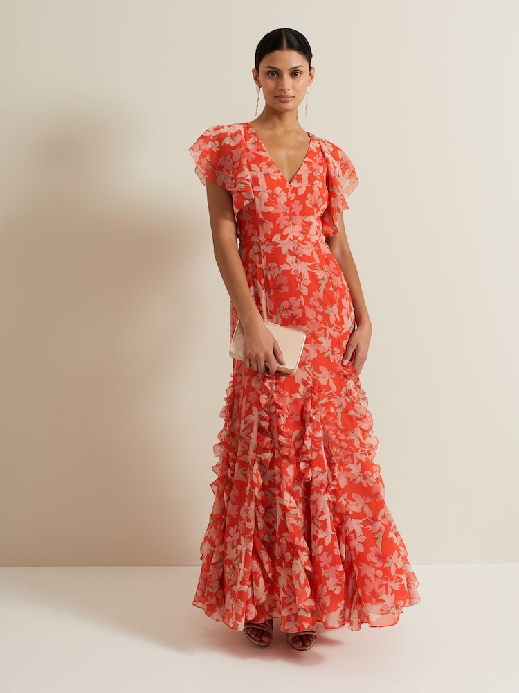 Phase Eight Orange Gaby Floral Print Ruffle Maxi Dress - Image 2 of 8 Phase Eight Orange Gaby Floral Print Ruffle Maxi Dress - Image 2 of 8
