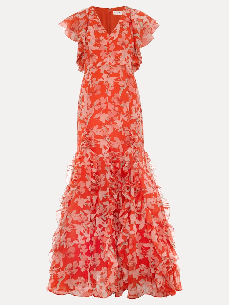 Phase Eight Orange Gaby Floral Print Ruffle Maxi Dress - Image 8 of 8 Phase Eight Orange Gaby Floral Print Ruffle Maxi Dress - Image 8 of 8
