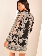Lipsy Black/White Floral Border Print Long Sleeve Shift Dress - Image 2 of 4