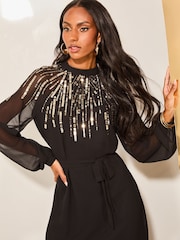 Lipsy Black Petite Scatter Sequin Long Sleeve Shift Dress - Image 2 of 4