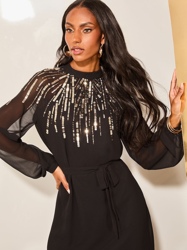 Lipsy Black Petite Scatter Sequin Long Sleeve Shift Dress - Image 2 of 4