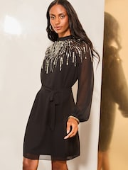 Lipsy Black Petite Scatter Sequin Long Sleeve Shift Dress - Image 3 of 4